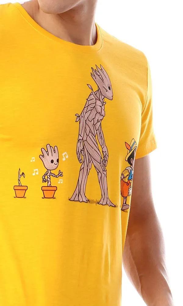 57563 " Groot & Pinokio " Printed Round Collar T-Shirt - Amber