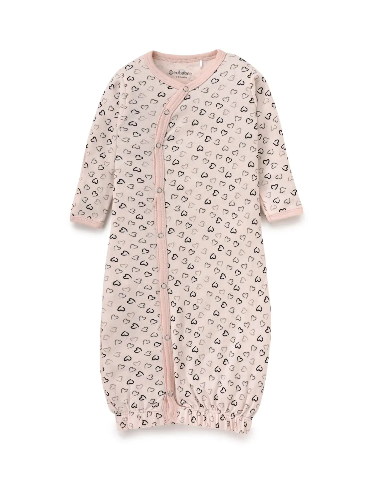 Full sleeve black heart shaped pattern in soft pink with closure snap button sleeping gown  for baby