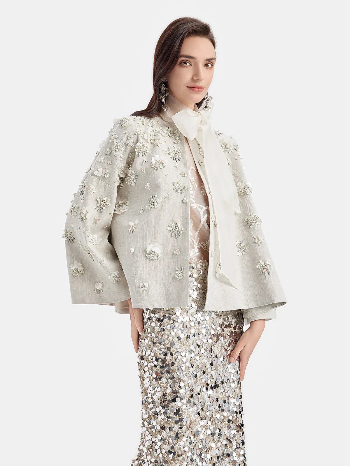 Hand-Embroidered Linen Cape Coat