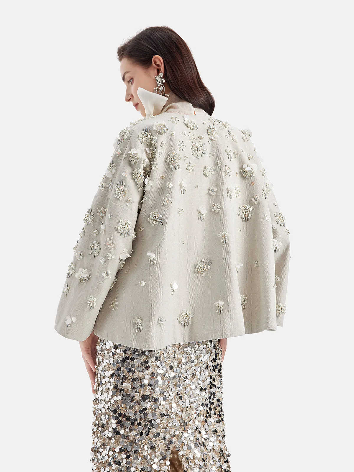 Hand-Embroidered Linen Cape Coat