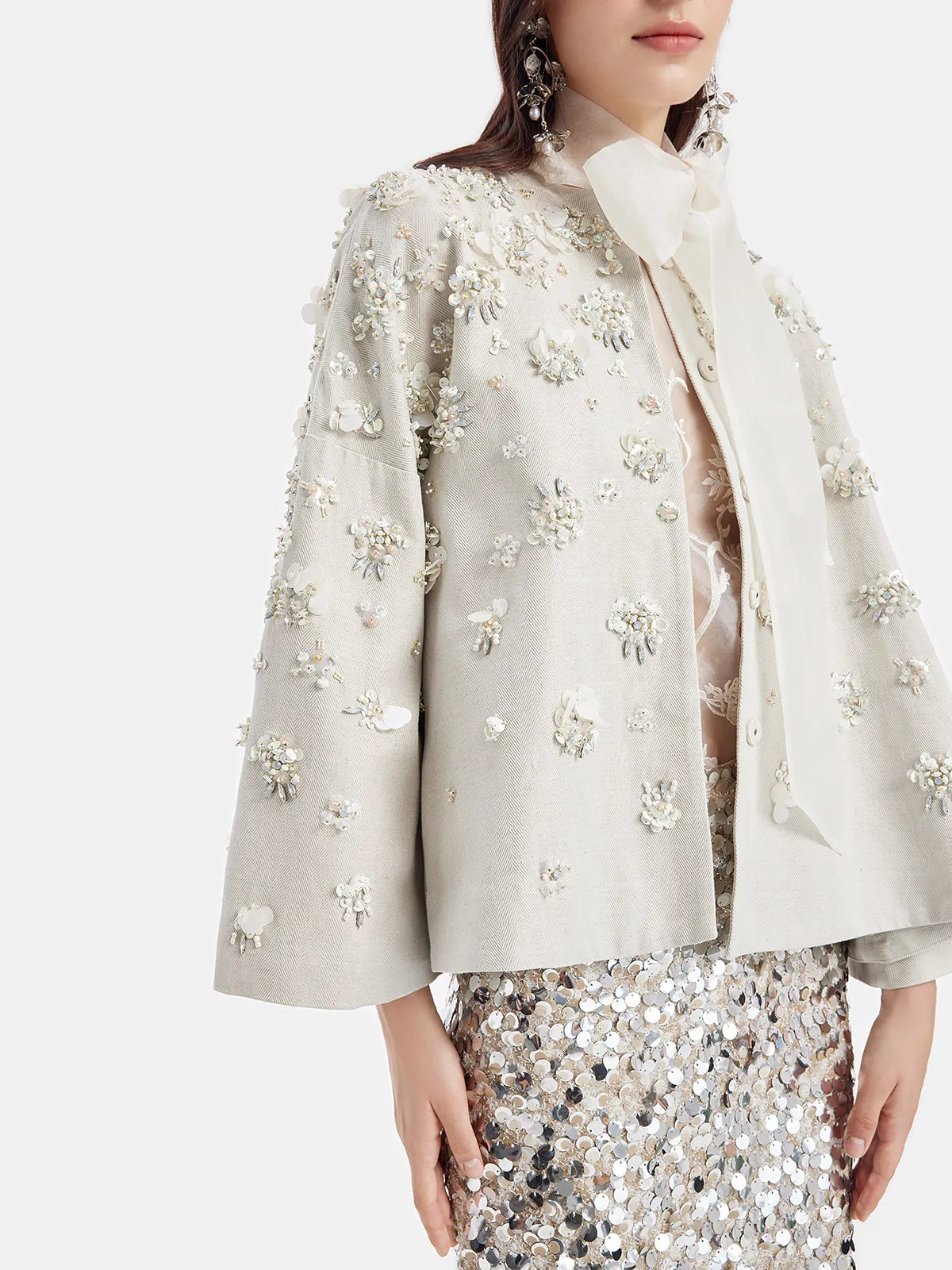 Hand-Embroidered Linen Cape Coat