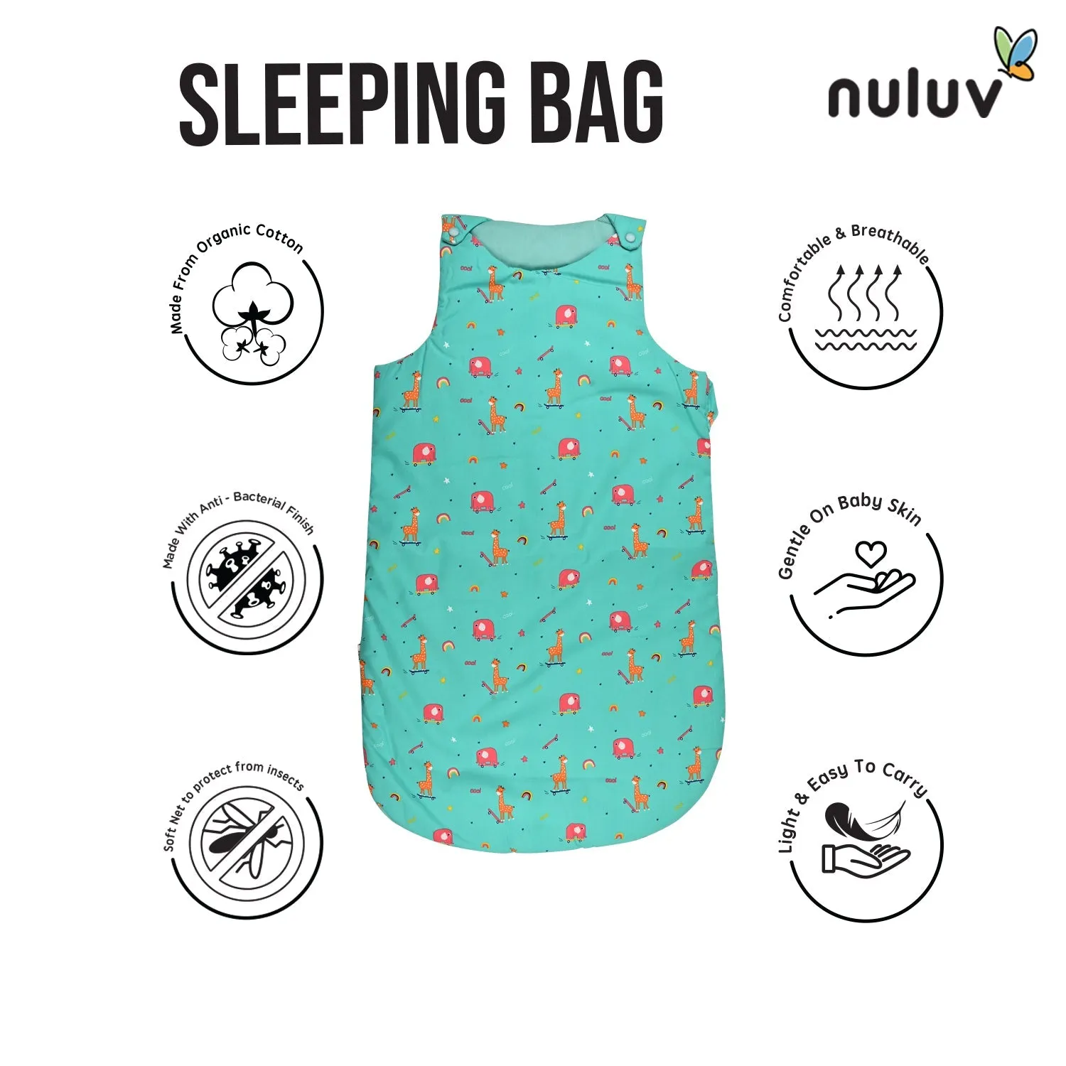 Nuluv Lt Green Sleeping Bag 100 % Organic Cotton with Antimicrobial Finish