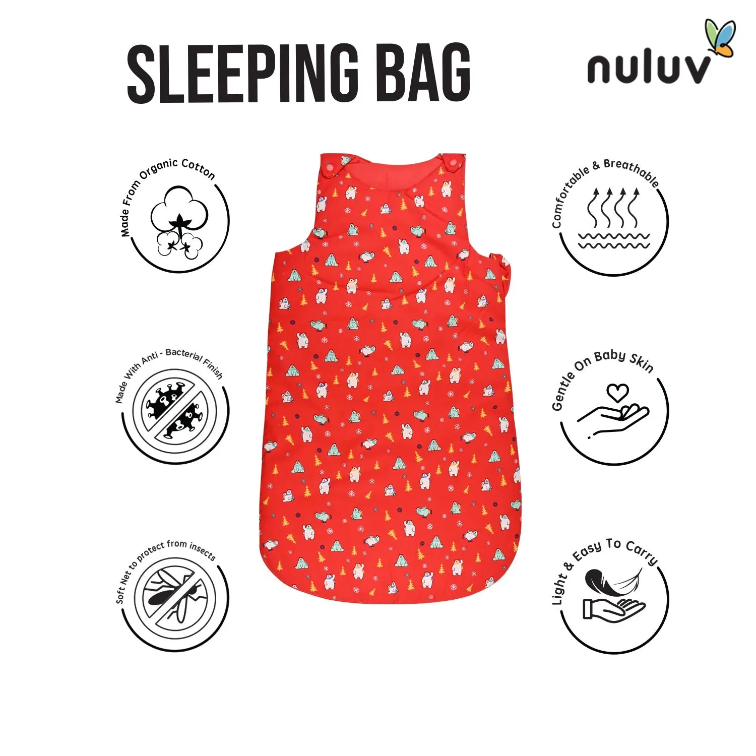 Red Sleeping Bag 100% Organic Cotton with Antimicrobial Finish