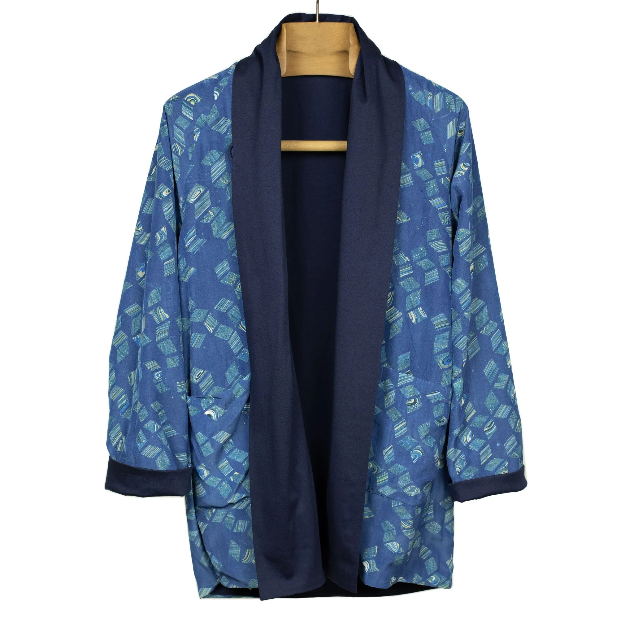 Reversible indigo dyed kimono jacket with marble print