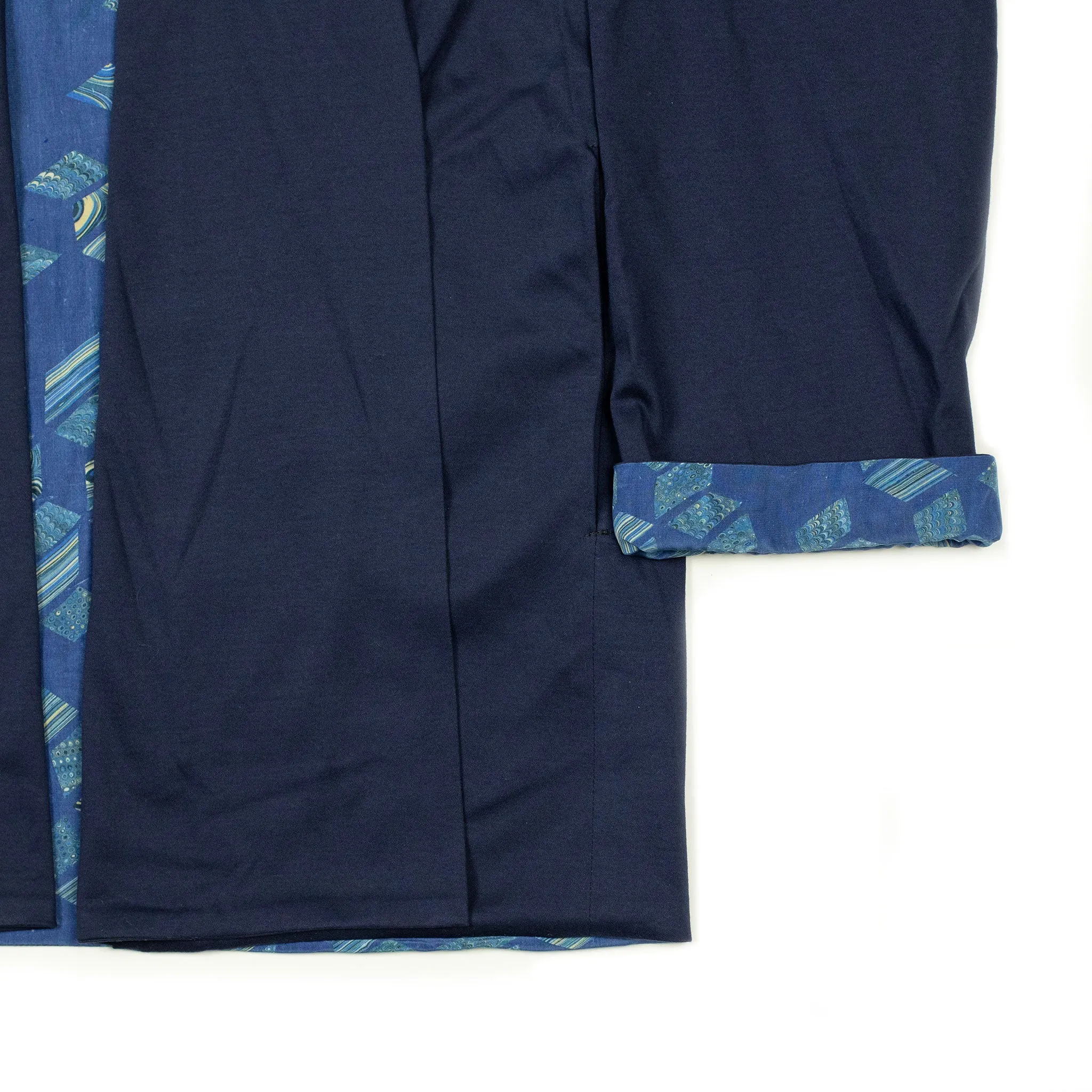 Reversible indigo dyed kimono jacket with marble print