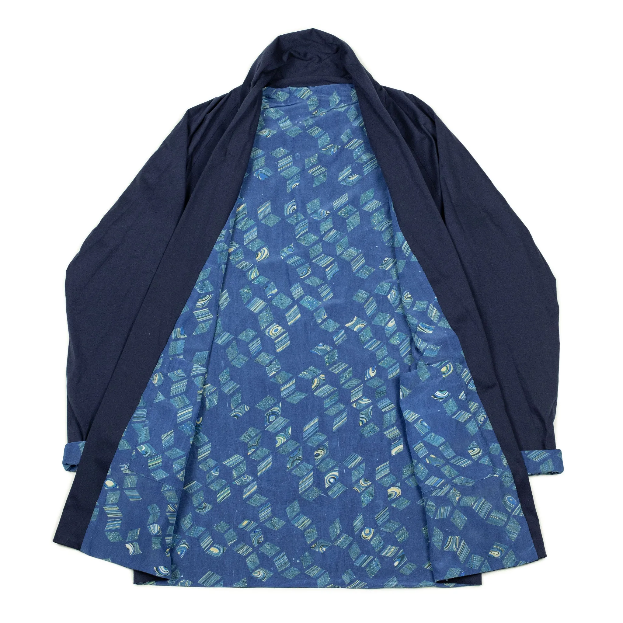 Reversible indigo dyed kimono jacket with marble print