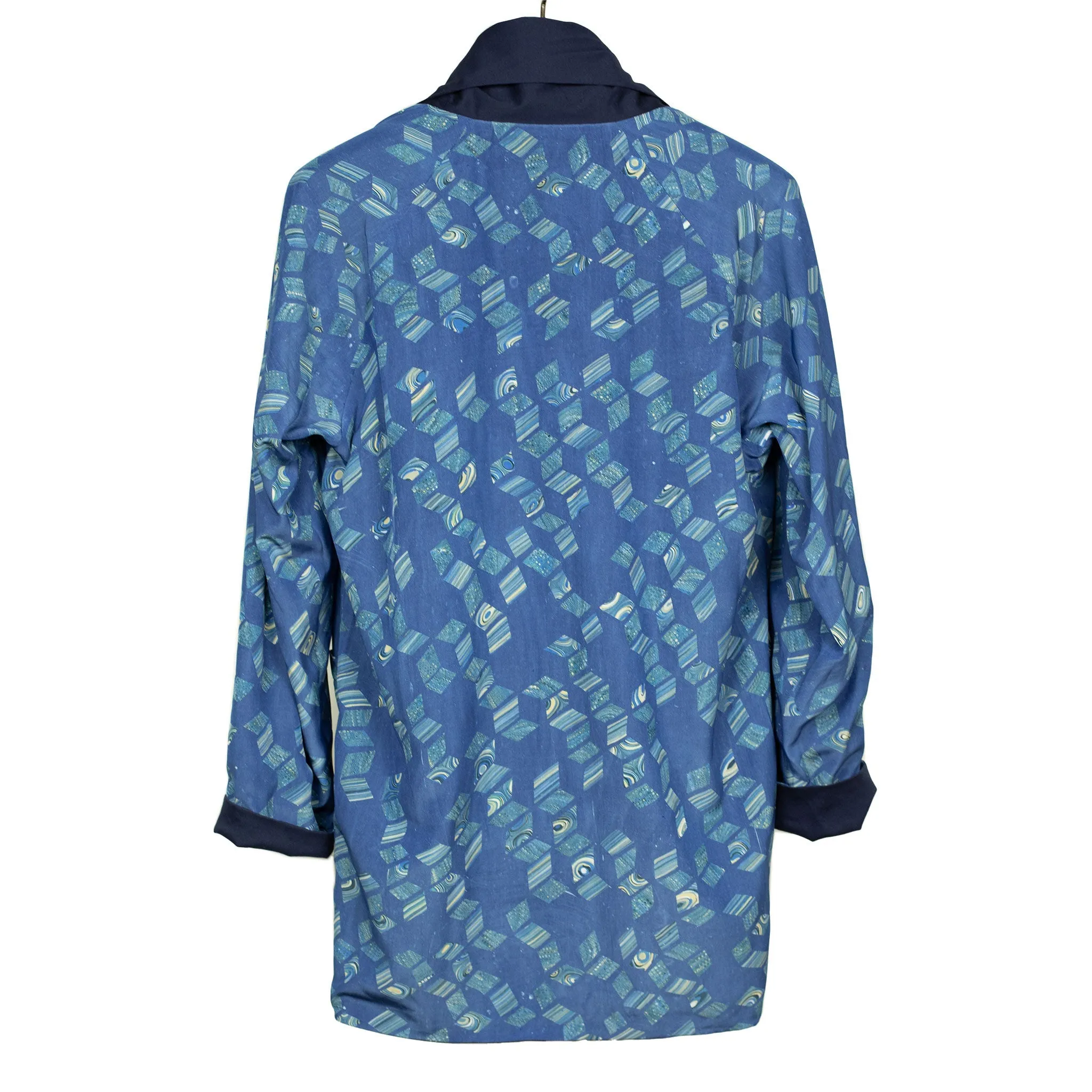 Reversible indigo dyed kimono jacket with marble print