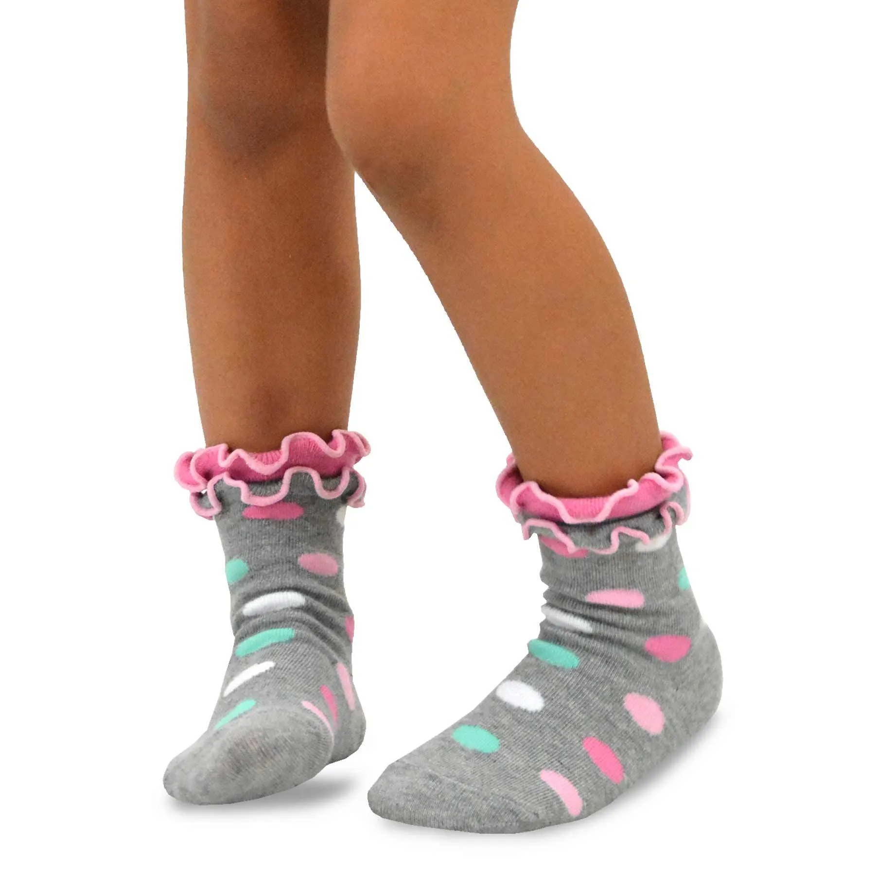 TeeHee Socks Kid's Casual Cotton Short Crew Double Ruffle Dots 6-Pack (70680)