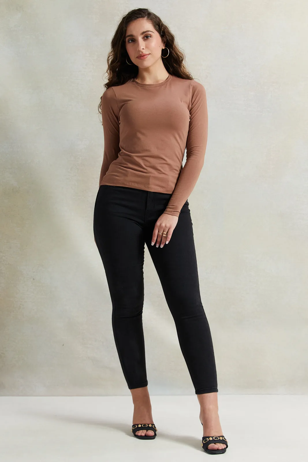 Women Brown Long Sleeve Crew Neck T-shirt