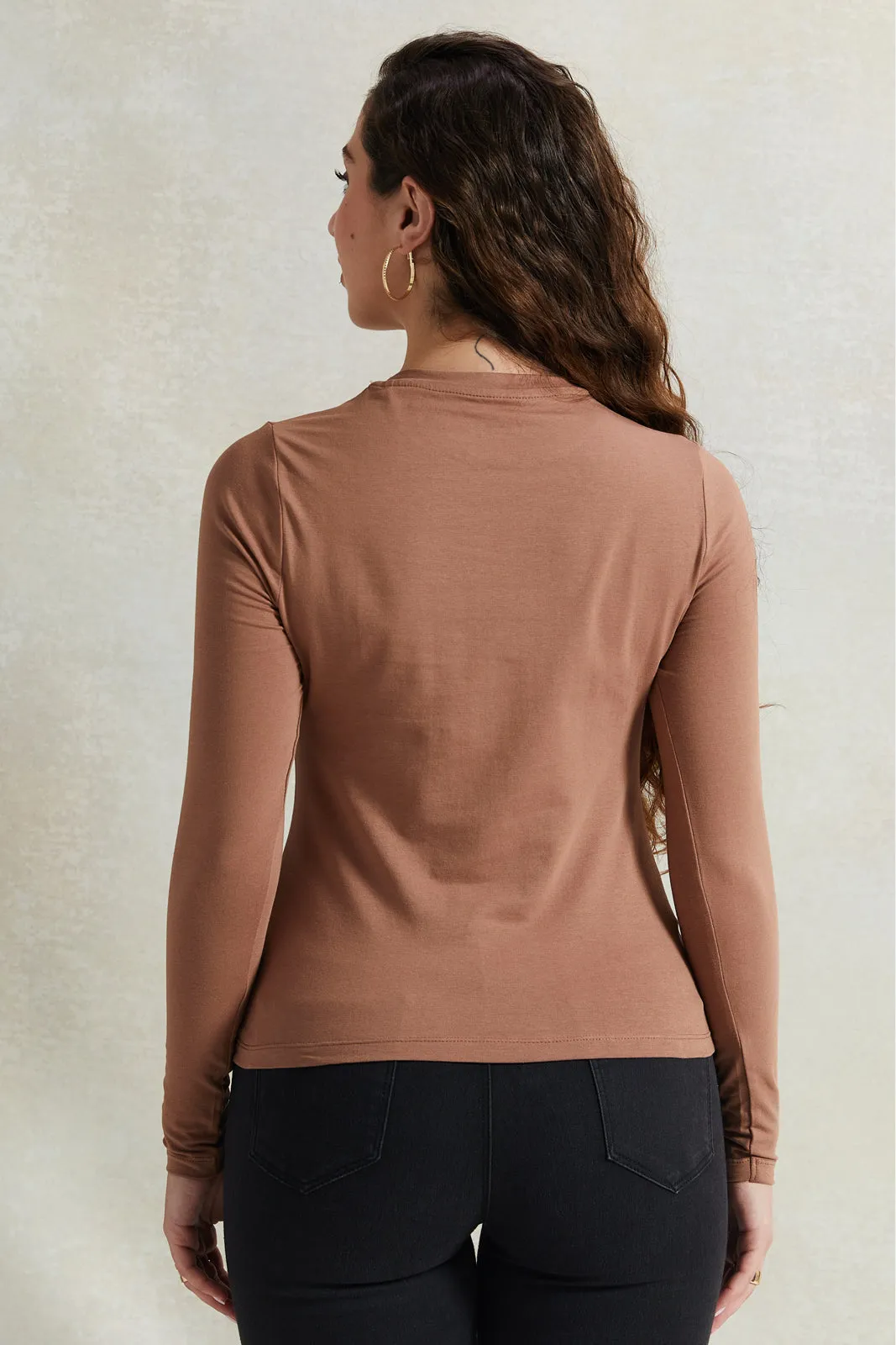 Women Brown Long Sleeve Crew Neck T-shirt