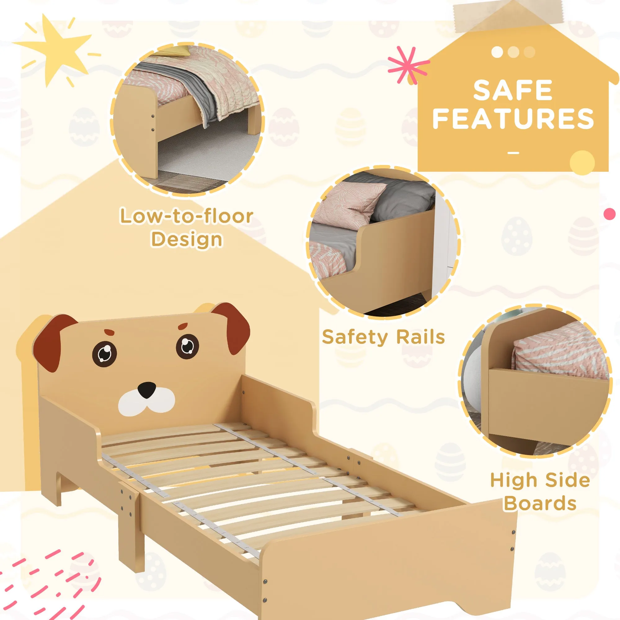 ZONEKIZ Kids Bed for 3-6 Years Old, Puppy-Themed Design, 143 x 74 x 58 cm, Yellow